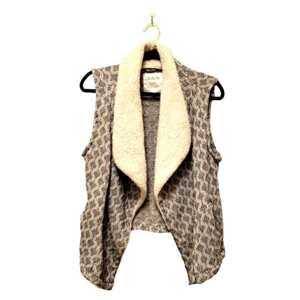 Cavalini Womens Sweater Black S Sherpa Fleece Collar Waterfall Open Cardigan